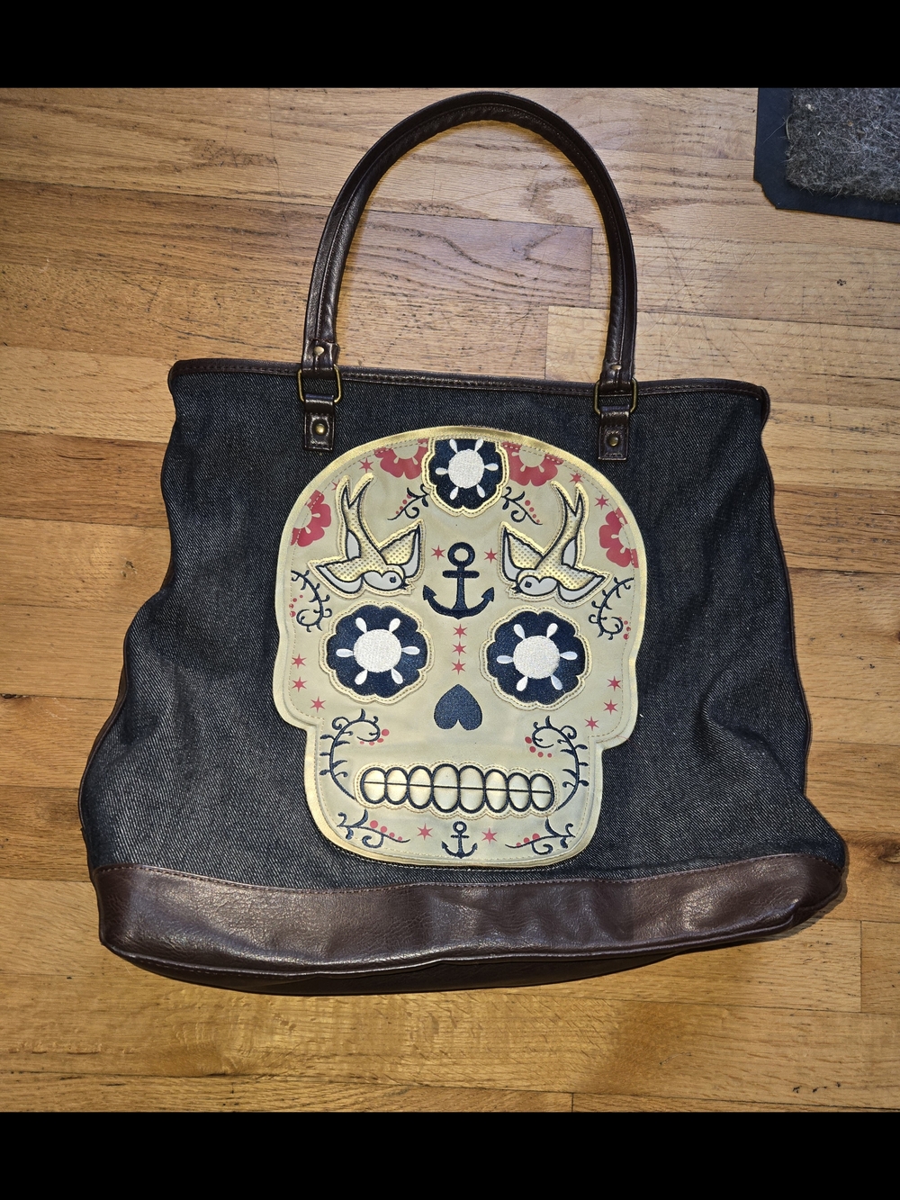 Loungefly Dark Denim Tote with Teaditional Tattoo Inspired Skull
